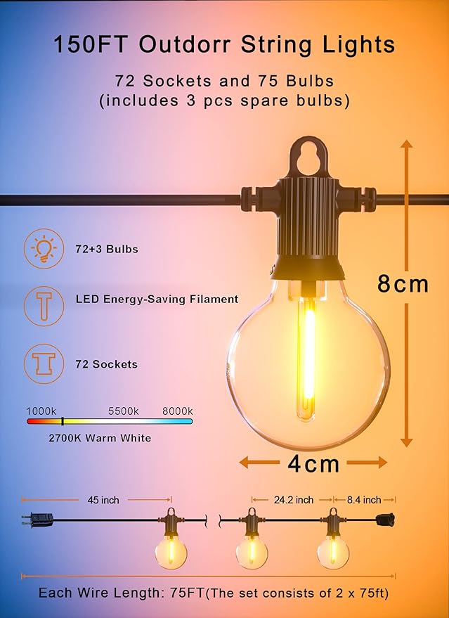 Zuske Outdoor String Lights, 150FT Patio Lights with 75 Shatterproof G40 Globe Bulb(3 Spare), Waterproof Connectable Dimmable LED Hanging String Lights for Outside Backyard Porch Balcony(2x75FT)