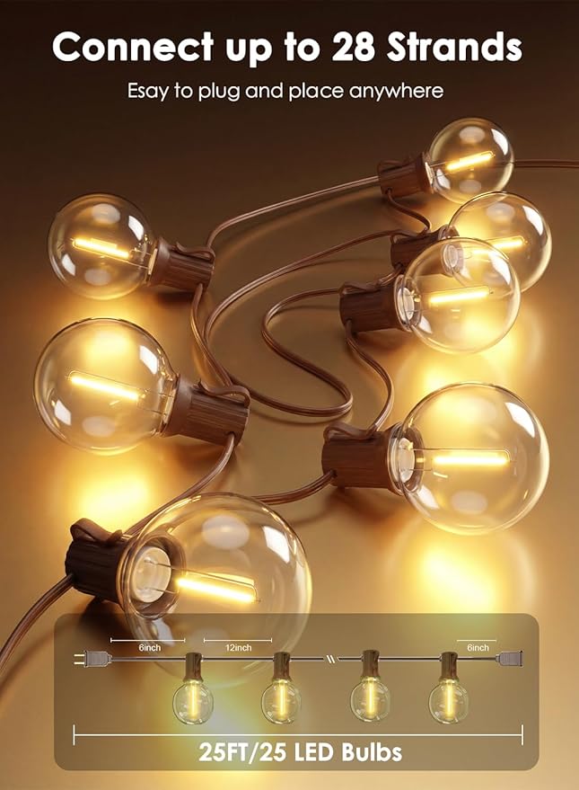 SUNSGNE 25FT Brown Outdoor String Lights, Shatterproof LED Globe String Lights with 25 G40 LED Bulbs, Waterproof Connectable Hanging Light for Backyard Patio Porch Balcony Party Decor, E12 Base