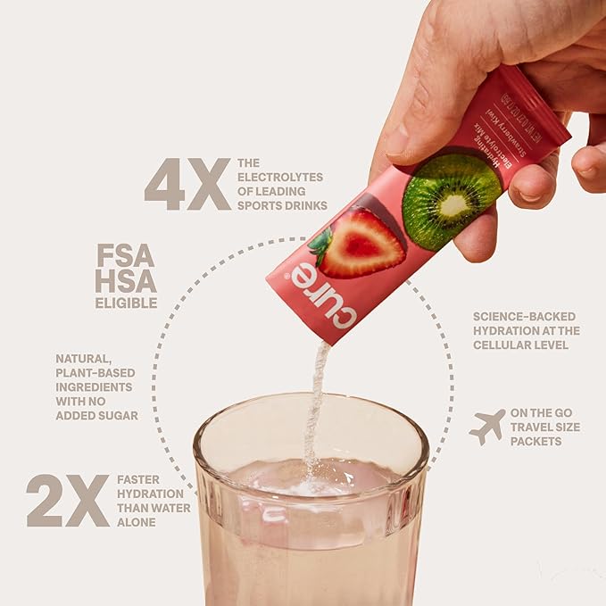 Cure Hydration Plant-Based Electrolyte Drink Mix | No Added Sugar | Dehydration Relief | Coconut Water Powder | FSA-HSA Eligible | Non-GMO, Vegan | 8 Packets – Strawberry Kiwi