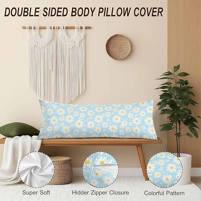 Daisy Body Pillows Covers for Adults, Blossom Daisy Large Body Pillow Covers White Daisies Lumbar Body Pillow Case 20"X54" Body Pillowcase Cushion Cover for Home Bedroom Office Hotel