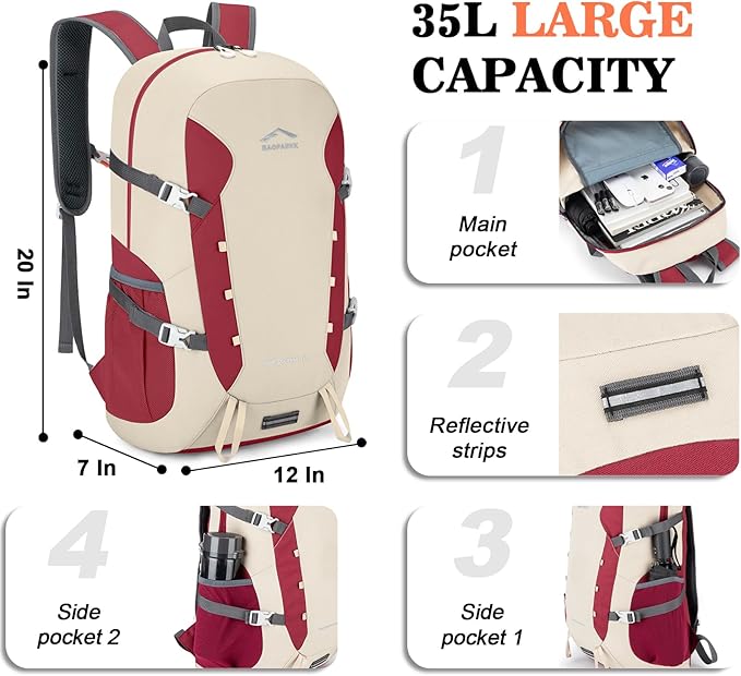 BAGPARKK Hiking Backpack,Large 35L Travel Backpacks for Men Women,Water Resistant Ultra Lightweight Foldable Packable Camping Daypack for Outdoor Sports
