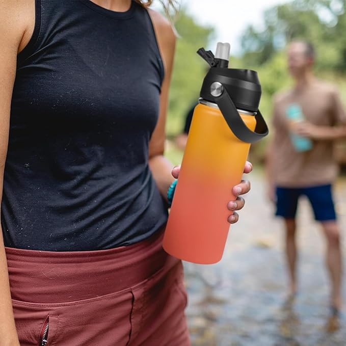 Fijinhom 18oz Insulated Stainless Steel Water Bottle, Wide Mouth Double Wall Vacuum, Silicone Straw, Sweat & Leak Proof, BPA Free Insulated Water Flask for Travel, Keep Cold 24h Hot 12h, Orange