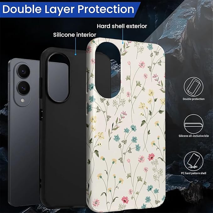 for Samsung Galaxy S25 Edge Case,HL2 Beige Flower Branch Hybrid 2 Layer Hard Shell Silicone Protective Pattern Design Case