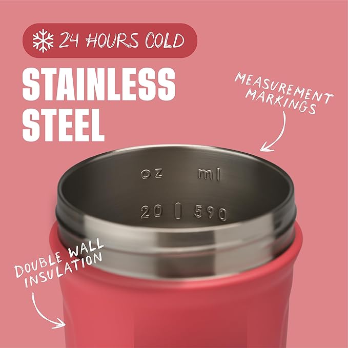 BlenderBottle Sport Insulated Stainless Steel Shaker Bottle with Wire Whisk, 24-Ounce, Pink – Protein Shakes & Hydration for Athletes & Fitness Enthusiasts, Easy Mixing, Lockable Lid