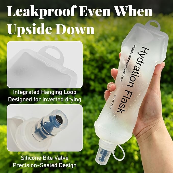 2Pcs 500ml Soft Flask, TPU Collapsible Soft Water Bottle for Hydration Pack, Running Vest, Leak-Proof Folding Water Bottle for Hiking Cycling Climbing Jogging- Wihte