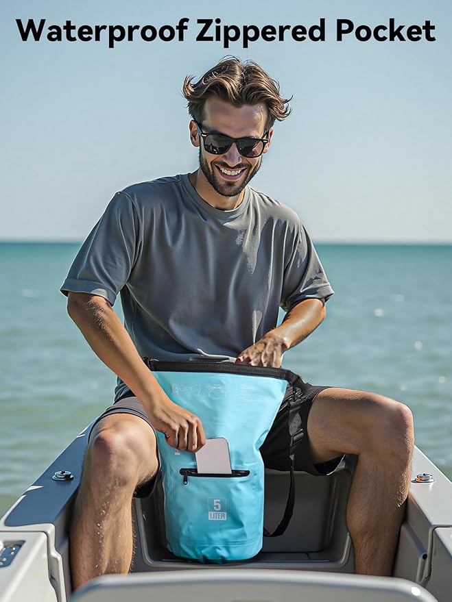 HEETA Waterproof Dry Bag with Front Zippered Pocket for Women Men, 5L/10L/20L/30L/40L Roll Top Lightweight Dry Storage Bag Backpack for Travel, Kayaking, Boating, Rafting, Camping, Hiking & Beach