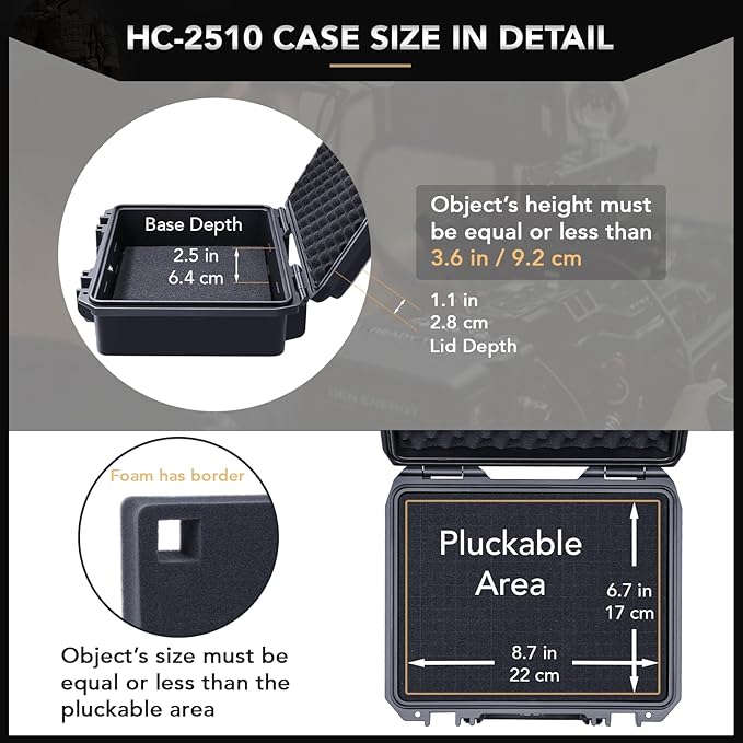 Lykus HC-2510 Waterproof Hard Case with Foam, Interior Size 9.8x7.5x3.7 inch, Suitable for Osmo Pocket/Action/Mobile, Insta360 X5/Ace Pro/Go, GoPro Hero, Coins, Small Electronics and More