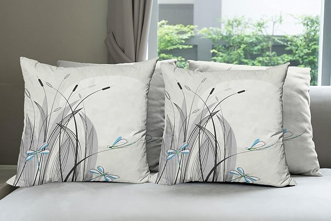 Ambesonne Dragonfly Decorative Throw Pillow Case Pack of 4, Dragonflies on Flowers and Branches Flourishing Nature Spring Time Predator, Cushion Cover for Couch Living Room Car, 20", Beige Charcoal