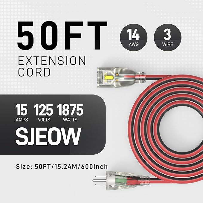 50FT Medium Duty Outdoor Extension Cords, 14/3 Gauge Electrical Wire Cable, 15 Amp Waterproof, LED Lighted Locking Plug for Indoor and Outside Use, Power Cord ETL Certified