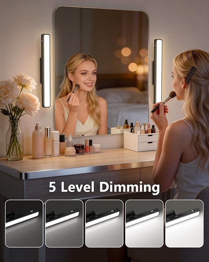 WILLED 3W Mirror Lights with Remote Control,Eye-Friendly Magnetic Light Bar with Battery Level Display,Adjustable Color Temperatures Vanity Lights for Mirror,Makeup Lighting for Bathroom(2 Pack)