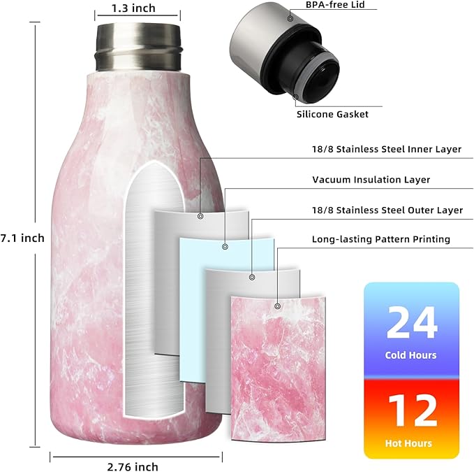 BJPKPK Insulated Water Bottles, 12oz Stainless Steel Metal Water Bottle with Strap, BPA Free Leak Proof Jugs, Mugs, Flasks, Reusable Thermal Flasks for Sports & Travel, Blossom