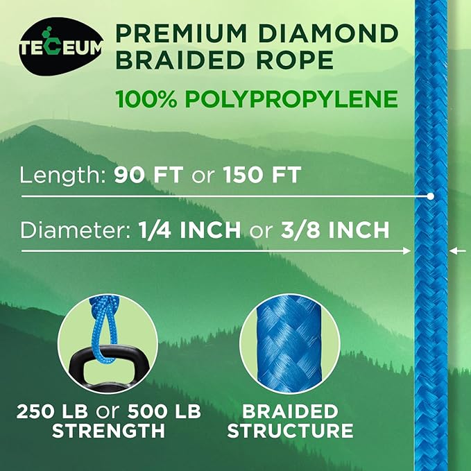 TECEUM Rope – 90 Feet x 3/8 Inch (10mm) – Sky Blue – Strong All-Purpose Utility Rope – Camping, Crafting, Flag Pole, Indoor & Outdoor – Polypropylene Nylon Poly Lightweight Diamond Braided Cord