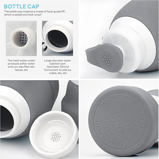 Collapsible Lightweight 20oz Water Bottle, Food-Grade Silicone BPA Free, Foldable Portable Leak Proof Office Travel Cycling Sports Outdoor Water Bottle with Vertical Hook (grey, Short nozzle)