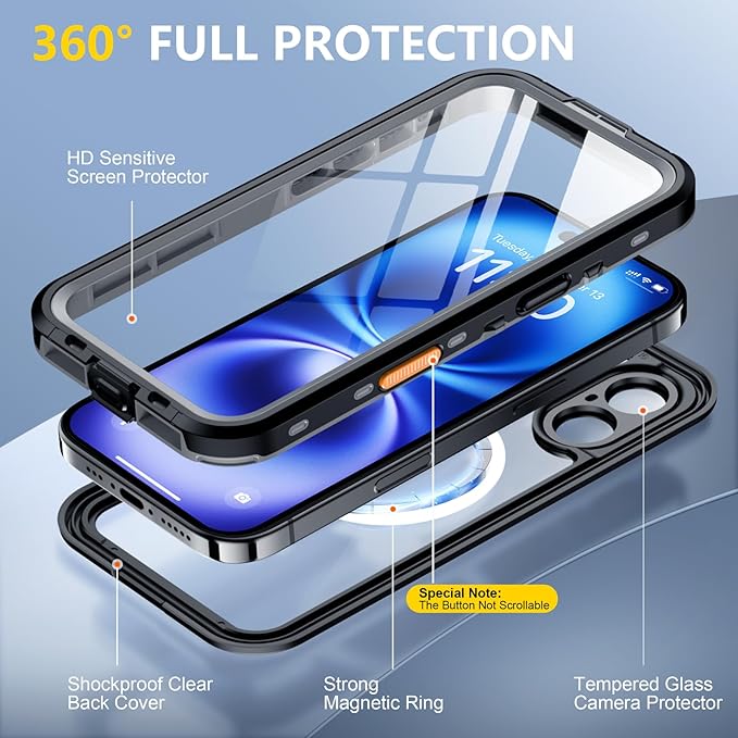 Red2Fire for iPhone 16 Case Waterproof, [Built-in Screen Protector & Camera Protector][Compatible with MagSafe][Full Body Shockproof][IP68 Waterproof][Dustproof] Phone Case 6.1" Black/Clear
