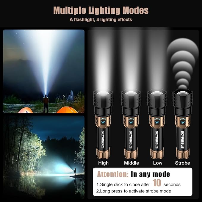 SKYFIRE Rechargeable Flashlights High Lumens,10000mAh Super Bright Flashlight Zoomable 4Modes Waterproof LED Tactical Flash Light for Camping Essentials,Outdoor and Home Emergencies