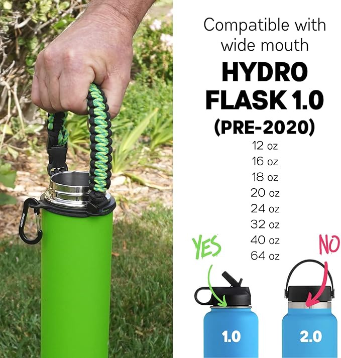 Gearproz HydroCord 1.0 Handle for Hydro Flask Wide Mouth Water Bottles, Hydroflask 1.0, Iron Flask, Thermoflask and Takeya Reusable Water Bottles, Paracord Survival Strap