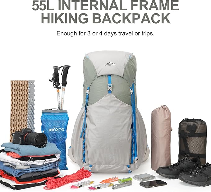 IX INOXTO 55L Internal Frame Waterproof Hiking Camping Backpack with 3L Water Bladder and Rain Cover, Large Lightweight Travel Daypack Rucksack for Climbing (Light Gray)