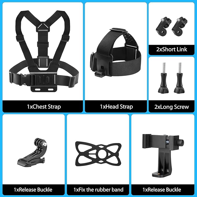 Chest Harness Head Strap Cell Phone Clip Kit for POV, VLOG, Compatible for iPhone, Samaung, GoPro Hero, Insta360, AKASO, DJI Osmo, SJCAM and Other Action Cameras