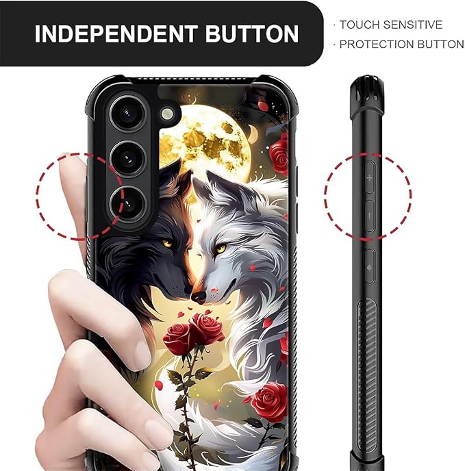 for Samsung Galaxy S23 Case, Black White Wolf Moon Flower Rose Pattern Graphic Design Girl Boy Soft Silicone Hard Acrylic Shock Protection for Samsung Galaxy S23