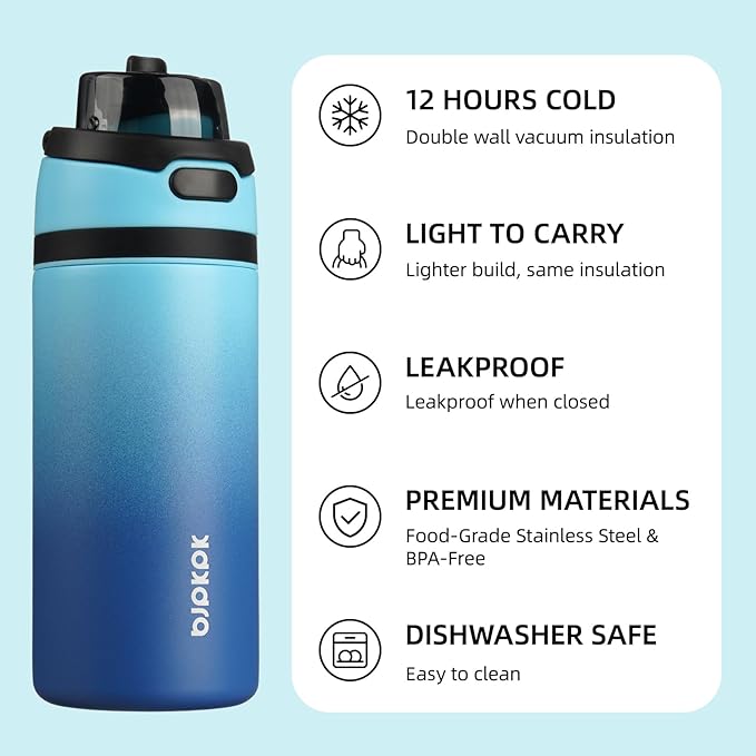 BJPKPK 17oz Insulated Water Bottle with 2-1 Straw Spout Lid, Stainless Steel Metal Water Bottles with Carry Handle, BPA Free, Leak-Proof, Fits in Car Cup Holder, Thermo for Sports,Sky