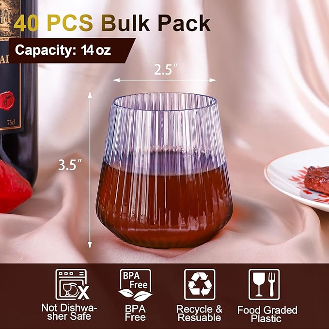 Lueumxc 40 Pack Plastic Ribbed Wine Glasses, 14Oz Origami Disposable Wine Glasses Unbreakable Clear Plastic Cocktail Glasses Recyclable Shatterproof Reusable Wine Cups (14oz-blue-40pack)