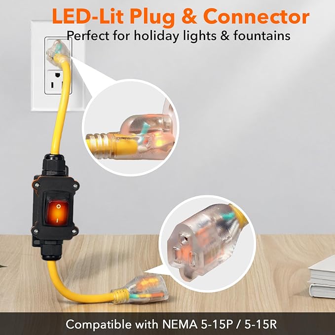 Heavy Duty Extension Cord with On/Off Switch, Outdoor Waterproof Inline Power Switch (Hook Mount, LED Indicator), All-UL Listed (Plug/Switch/Cable), 14/3 AWG STJW, 125V/15A/1875W, 3-Pronged, 3FT