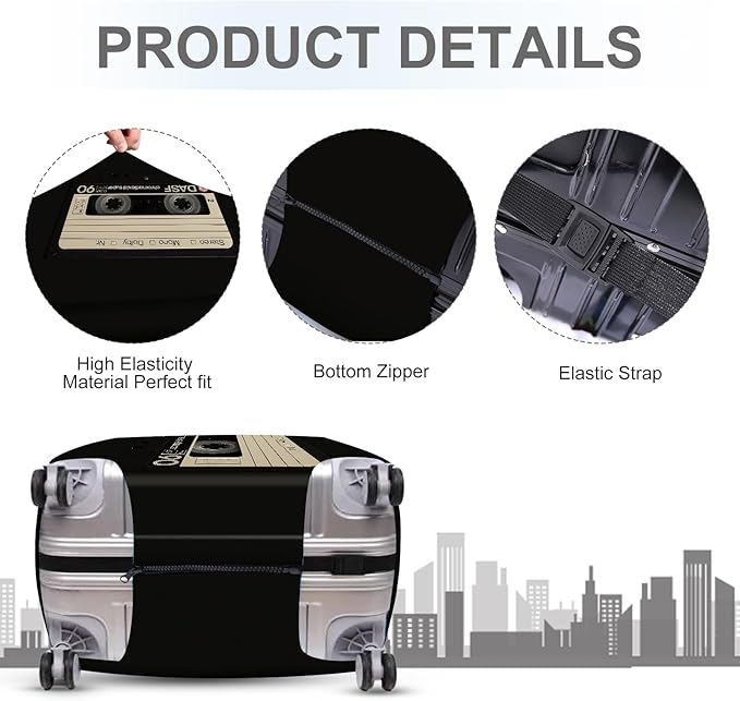 ANNA QUEEN Retro Cassette Tape Luggage Cover, Vintage Music Design Suitcase Protector, Washable Stretchable Travel Sleeve for 28-30 Inch Luggage