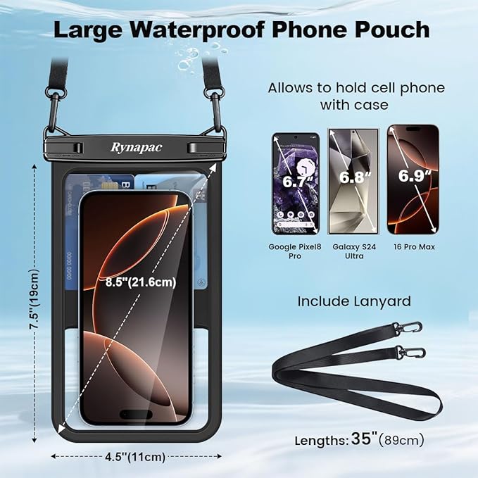 Rynapac [Up to 8.5" Waterproof Phone Pouch - 2 Pack IPX8 Waterproof Phone Case for iPhone 17 16 15 14 Pro Max Galaxy S26 Ultra, Touchscreen & Underwater Photography, Beach Cruise Travel Essentials