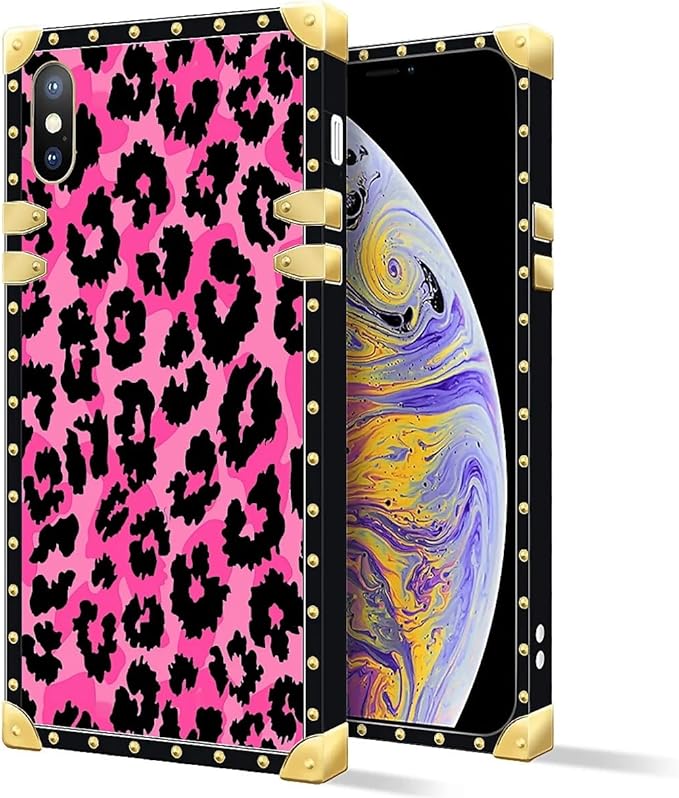 Compatible with iPhone Xs Max Case, Pink Black Leopard Luxury Golden Decoration for Girl Women Soft TPU Shockproof Protective Hard PC Back for iPhone Xs Max