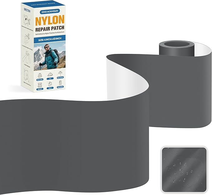 KING MOUNTAIN Self Adhesive Nylon Fabric Repair Tape, 4×63 Inches, Quick Down Jacket Repair Patch, Waterproof Outdoor Gear Patch Kit for Tent,Backpacks,Umbrella, Gloves, Sleeping Bag (Dark Grey)