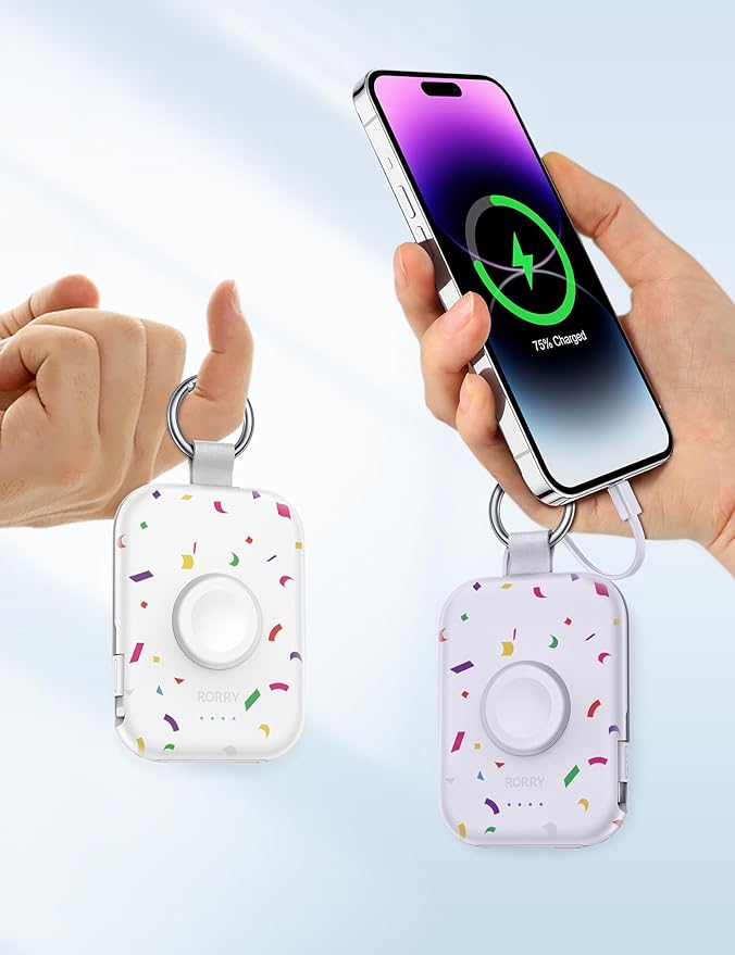 RORRY Portable Charger, 5000mAh Portable Charger Power Bank with Built-in Cables, Travel Keychain Battery Pack for Apple Watch Ultra/11/10/9/8/7/6/SE, iPhone Air/17/16/15/14/13/12, Confetti-Deepblue
