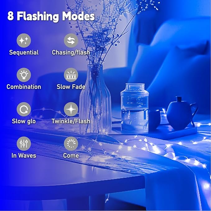 HXWEIYE Rechargeable Fairy Lights Battery Operated, DIY Timer & 8 Modes, 2 Pack 16FT 50LED Twinkle String Lights Indoor, Led mini Lights for Bedroom Wedding Dorm Christmas Tree Decor (Blue)
