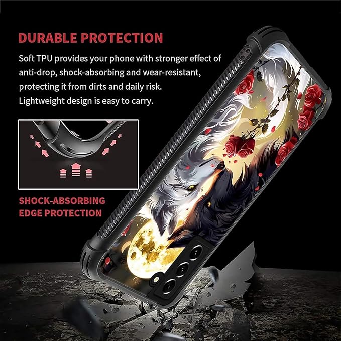for Samsung Galaxy S21 Plus Case, Black White Wolf Moon Flower Rose Pattern Graphic Design Girl Boy Soft Silicone Hard Acrylic Shock Protection for Samsung Galaxy S21 Plus