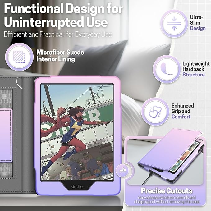 TNP Stand Case for Kindle Paperwhite 12th Generation 2024 / Kindle Colorsoft Signature Edition with Hand Strap & Card Slot - 7" PU Leather Protective Folio Cover with Auto Wake/Sleep, Pink Purple