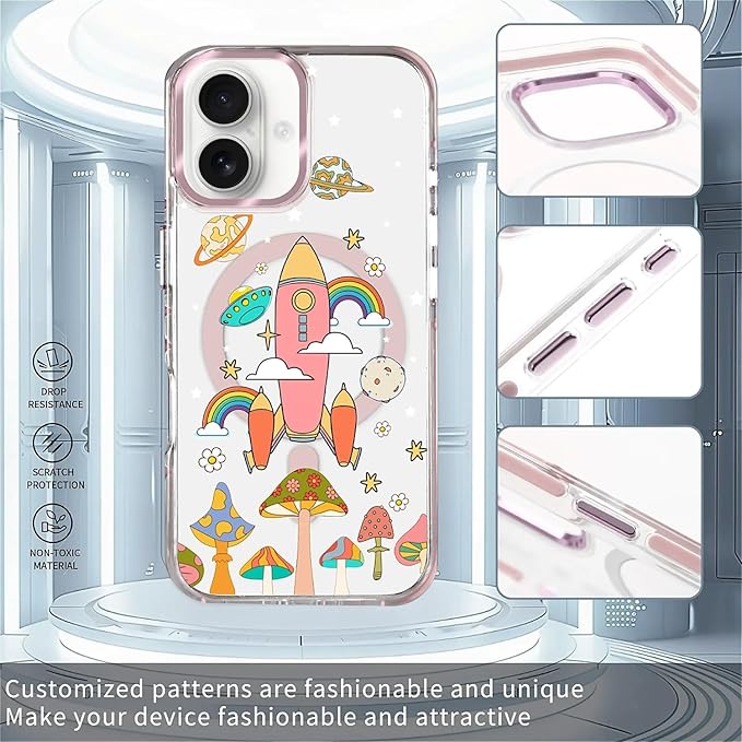 Case for iPhone 16 Plus,[Compatible with MagSafe],Spaceship Mushroom Phone Case Design，for Women Girls Magnetic Clear Cover - Slim, Sleek, & Shockproof Protection