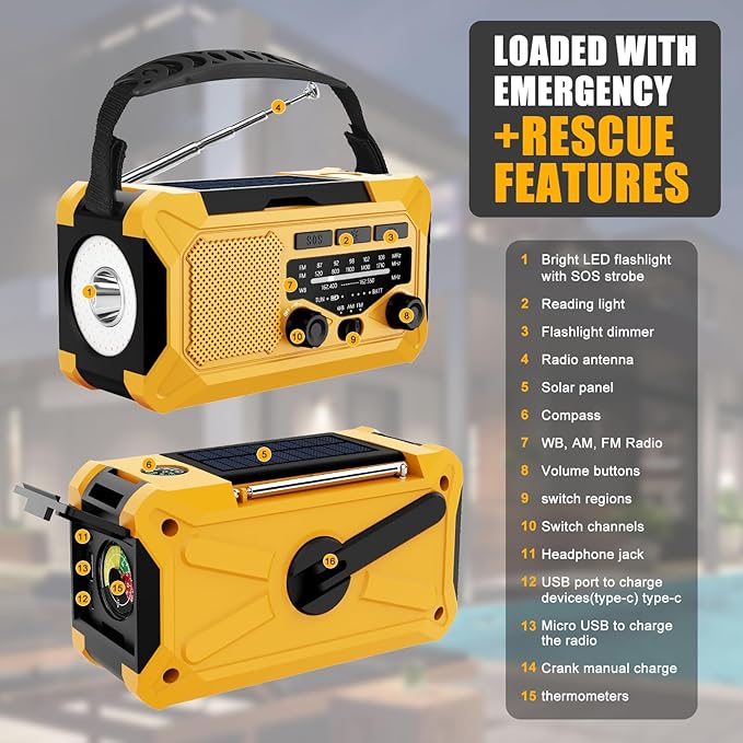 Emergency Hand Crank Radio with LED Flashlight, AM/FM NOAA Portable Weather Alert Radio, Solar Powered Radio with Phone Charger, USB Charged, Headphone Jack, SOS Alarm, Compass for Outdoors Yellow
