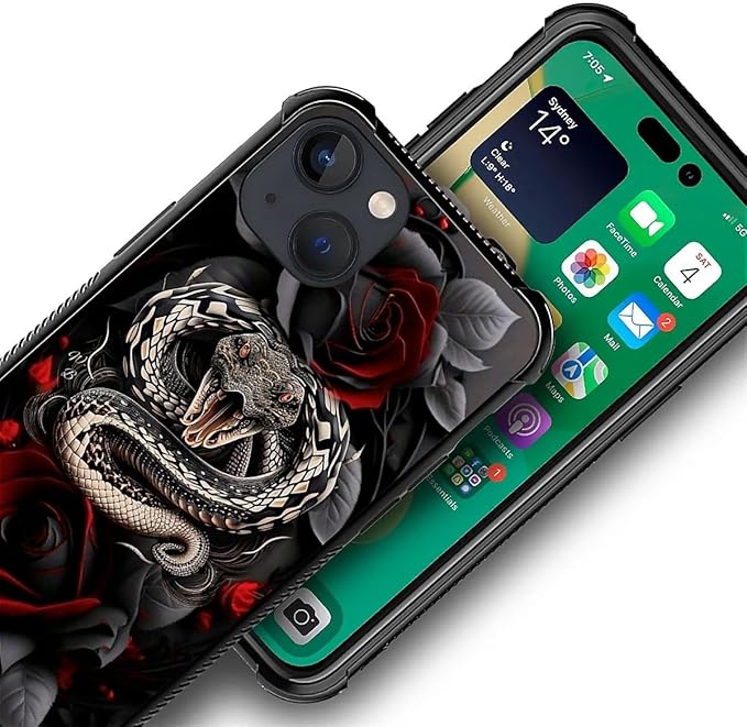 for iPhone 14 Plus Case, Entwined Rose Snake Pattern Graphic Design Girl Boy Soft Silicone Hard Acrylic Shock Protection for iPhone 14 Plus