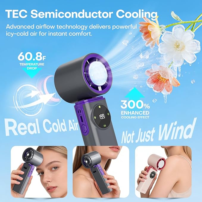 6000mAh Portable Handheld Fan with Ice Cooling, 199 Levels Stepless Speed, 20H Long Battery Life, 20000RPM Turbo Fan Rechargeable Personal Mini Fan for Travel, Outdoor, Makeup (Grey)