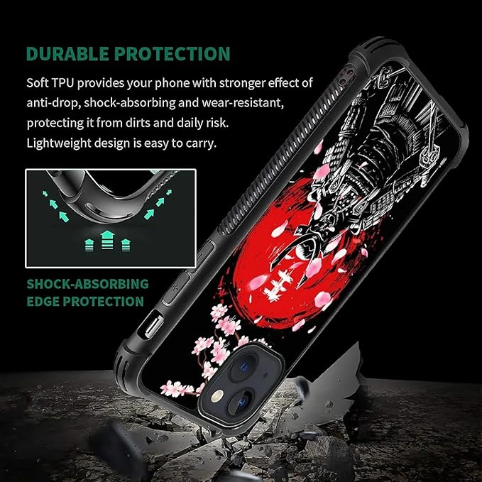 for iPhone 13 Case, Sakura Japanese Samurai Pattern Graphic Design Girl Boy Soft Silicone Hard Acrylic Shock Protection for iPhone 13