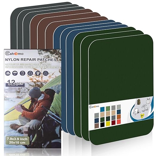 Cahomo 7.9x3.9 inch 12 PCS Nylon Repair Patch Nylon Repair Tape Self Adhesive Fabric Tapes Outdoor Camping Gear Fabric kit for Tent, Umbrella, Down Jackets, Sleeping Bag, Knapsack (Color Set A)
