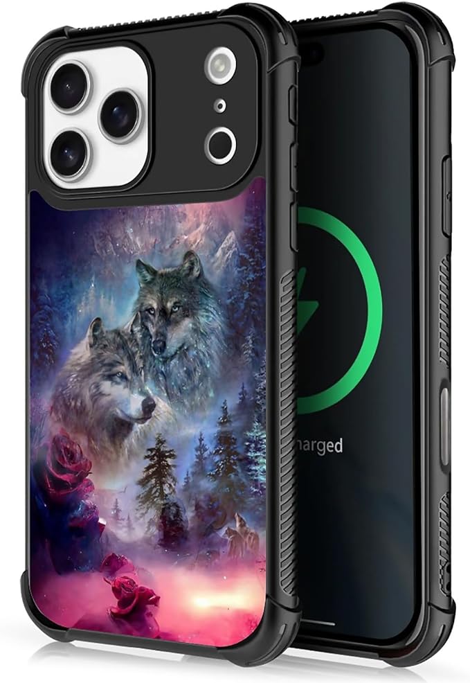 for iPhone 17 Pro Max Case,for MagSafe Graphic Design for Girl Boy Soft Silicone Hard Acrylic Shock Protection Designed for iPhone 17 Pro Max Star Two Wolfs Howling Pattern