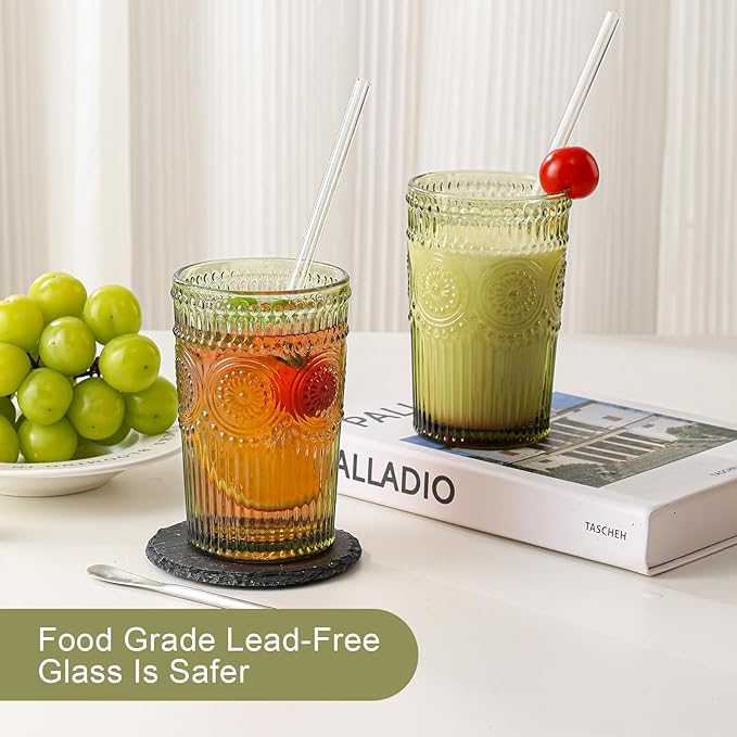 ZMOWIPDL Vintage Glassware Drinking Glasses Set of 6,13 oz Green Textured Flower Design Glass Water Tumblers，Embossed Striped Drinkware for Water,Cocktails,Juice,Iced Coffee