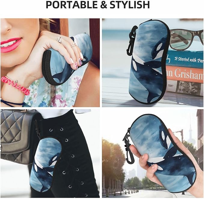 Watercolor Orca Whale Glasses Case Neoprene Portable Zipper Eyeglass Bag With Hook