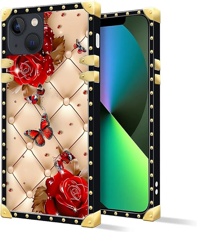 Compatible with iPhone 13 Case, Shining Red Rose Butterfly Leather Background Luxury Golden Decoration for Girl Women Soft TPU Shockproof Protective Hard PC Back for iPhone 13