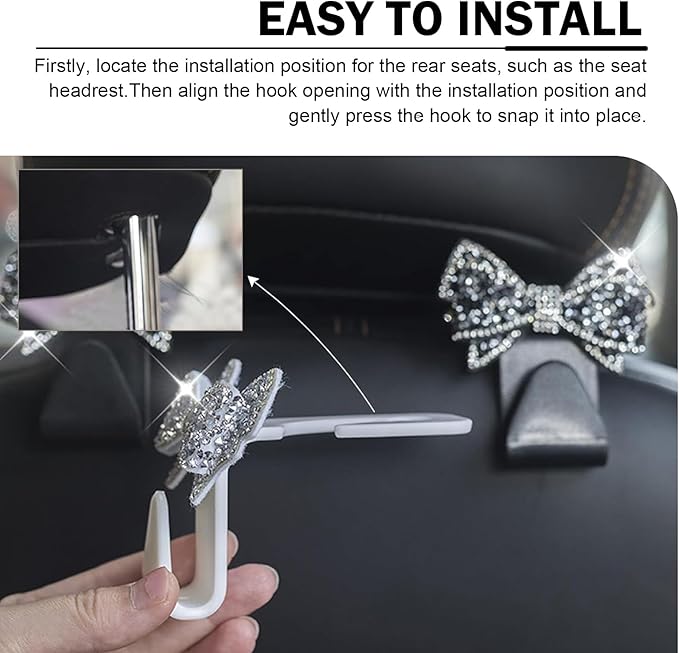 2 PCS Bling Bow Car Seat Headrest Hooks, Cute Rhinestone Bow Car Seat Back Storage Decor Hook, Multi-Purpose Rear Hanger Holder for Bags, Purse, Clothes (Black)