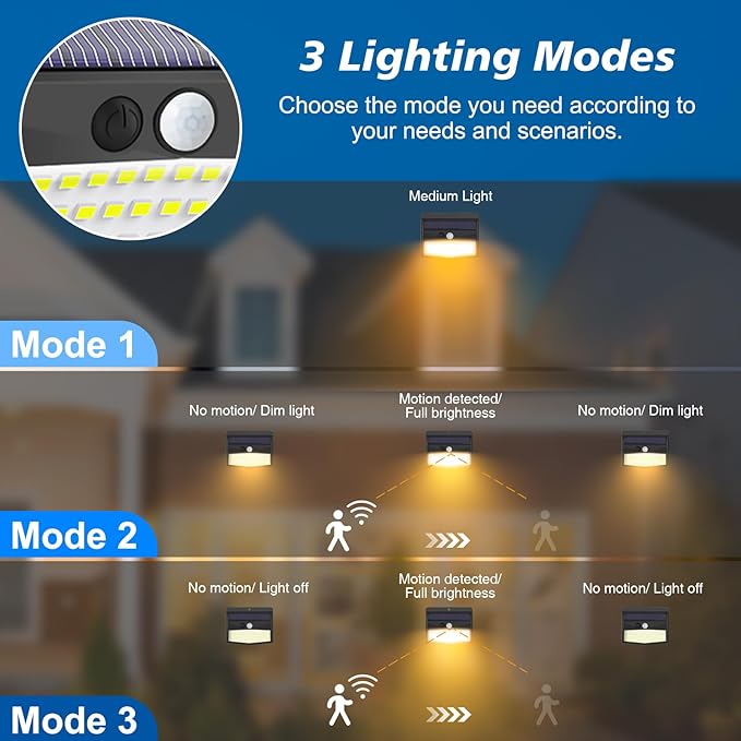 [138 LED/8 Packs] Solar Motion Sensor Lights Outdoor Waterproof with 3 Lighting Modes Wall Lights Solar Security Powered Lights for Garden Fence Yard Deck Garage, Warm White