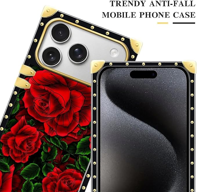 for iPhone 17 Pro Max Case Luxury Golden Decoration for Girl Women Soft TPU Shockproof Protective Hard PC Back for iPhone 17 Pro Max Crazy Pattern Vector Red Rose Green Leaf