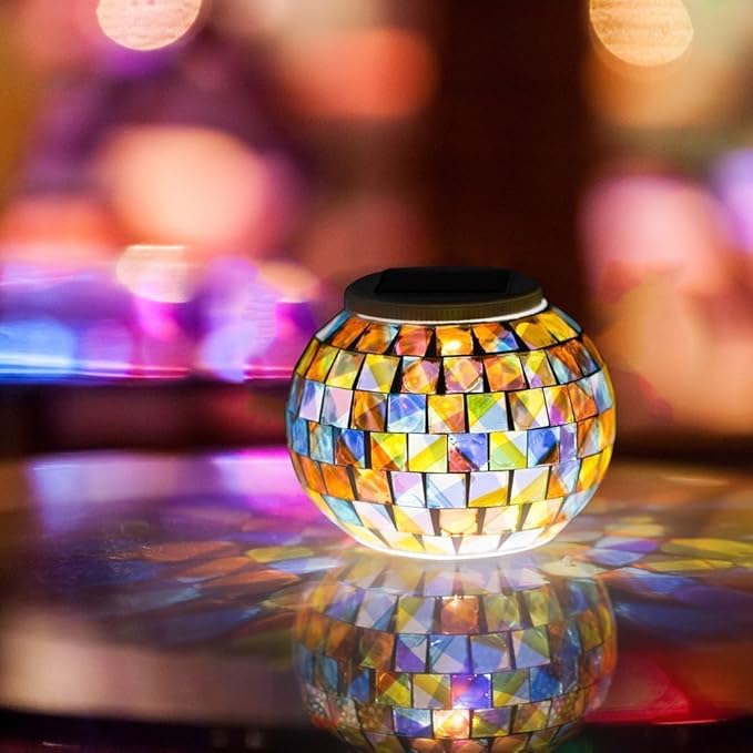 WSgift Color Changing Solar Powered Glass Mosaic Ball Led Garden Lights, Rechargeable Outdoor Waterproof Solar Night Lights Table Lamps for Decorations, Ideal Gifts