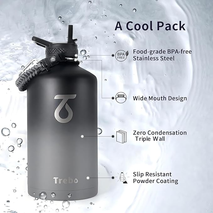 Trebo One Gallon Water Bottle Insulated with Paracord Handle,128oz Stainless Steel Sports Large Jug Food-grade Triple Wall Vacuum with Straw Spout Handle Lids, Leakproof Keep Cold & Hot, Dark Gray