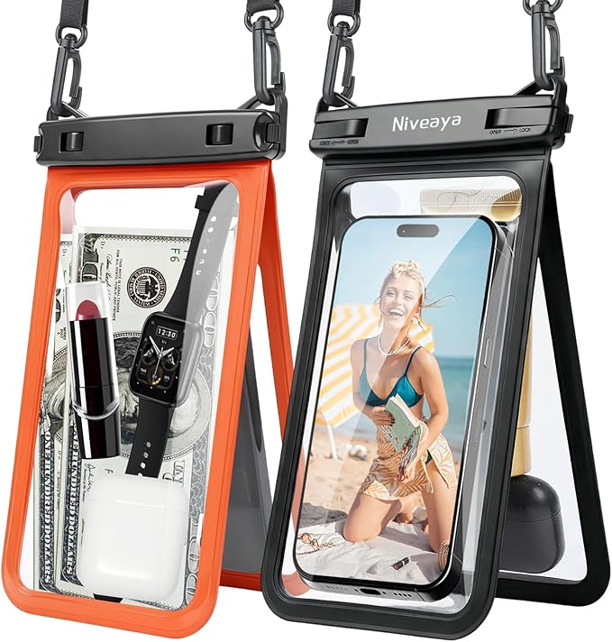 Niveaya Double Space Waterproof Phone Pouch, IPX8 Phone Case with Lanyard for iPhone 17 16 15 Pro Max, Galaxy S25 Ultra, Cellphone Dry Bag for Beach, Cruise Travel Ship Essentials 2 Pack (up to 8.3")